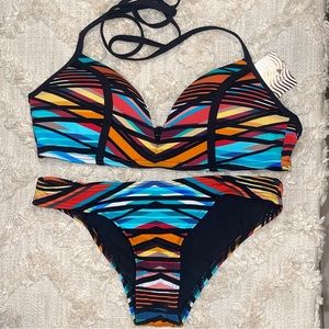 Free People x Kikirio multi color rainbow SM & XS swimsuit bikini 2 piece set